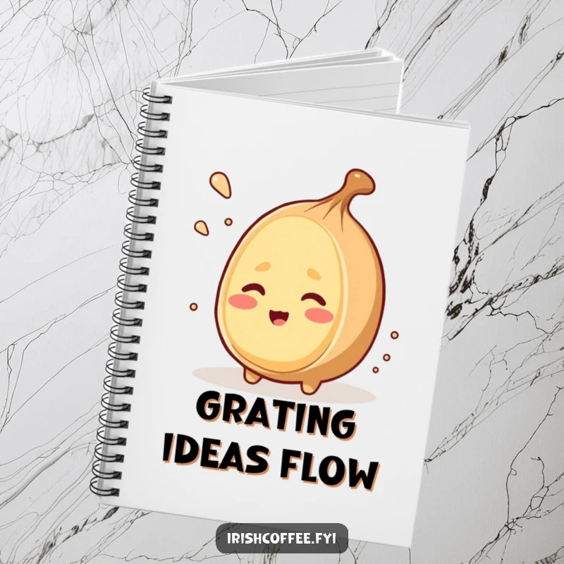 Funny notebook with a winking nutmeg character grating itself, ideal for jotting down witty plans with humor.