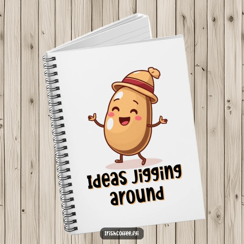 Funny notebook cover with a delighted coffee bean wearing a hat, enthusiastically doing a lively jig, promoting creativity and humor.