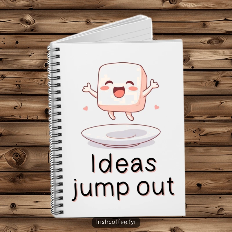 Funny notebook cover featuring a sugar cube character excitedly jumping on a saucer, a fun and sweet journal.