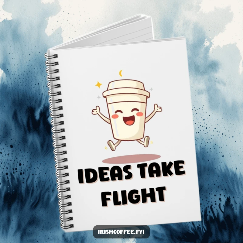 Funny notebook with a beaming coffee cup character in a joyful jump, perfect for capturing energetic thoughts humorously.