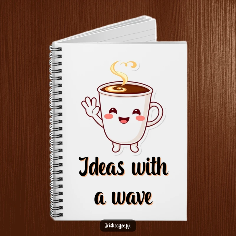 Funny smiling coffee cup character waving a happy greeting, notebook for writing and planning.