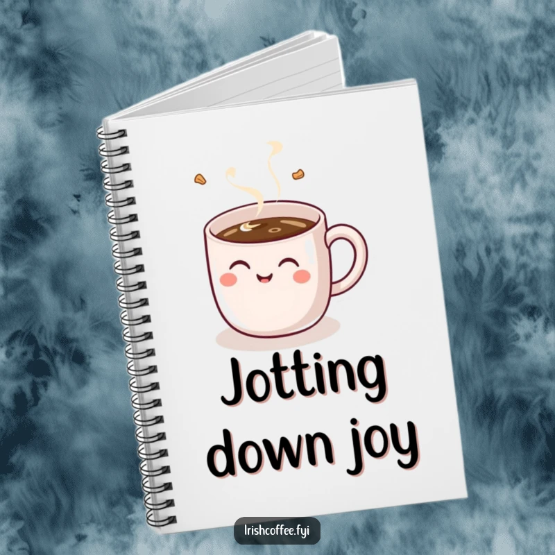 Funny notebook featuring a happy coffee mug with a handle giggling as it is filled, ideal for note-taking with a humorous twist.