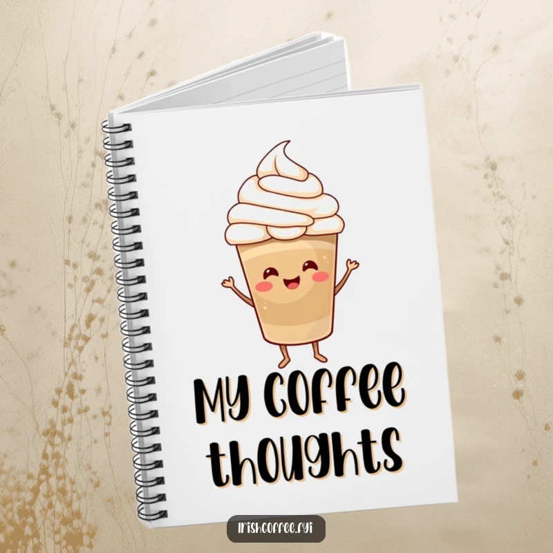 Funny Notebook with a happy coffee cup topped with whipped cream, dancing merrily, ready to capture your caffeinated ideas.