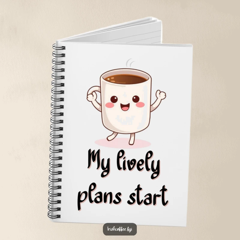 Funny notebook with a cheerful coffee mug character doing a happy dance, ideal for jotting down notes with coffee humor.