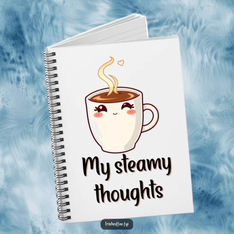 Funny notebook with a steaming coffee mug winking, perfect for note-taking and caffeine-fueled ideas.