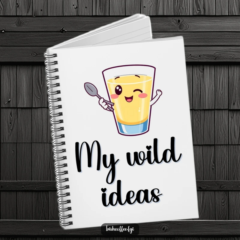Funny notebook cover featuring a giggling shot glass character winking and holding a tiny spoon, ideal for note-taking with party flair.