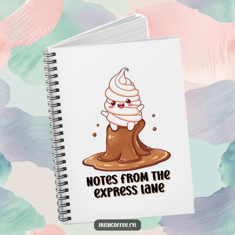 Funny notebook showcasing a delighted whipped cream character in motion, sliding down a coffee stream, inspiring fun note-taking.