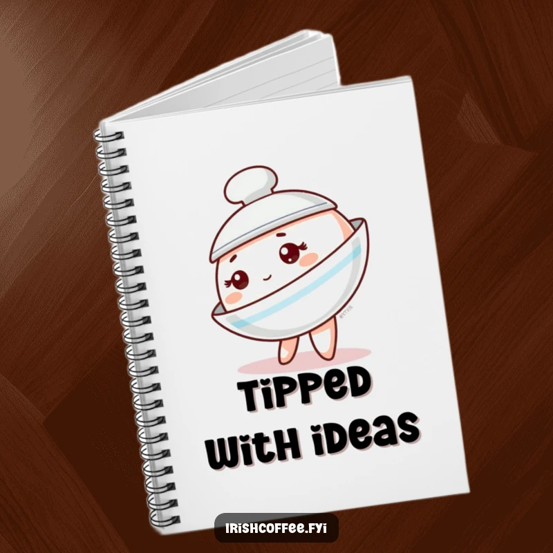 Funny saucer notebook with a charming tableware character tipping sideways, perfect for jotting down playful thoughts and ideas.