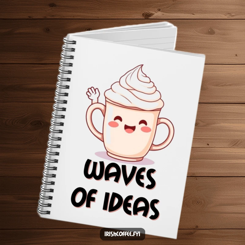 Funny notebook with a jubilant whipped cream character on a mug, cheerfully waving hello, perfect for jotting notes.