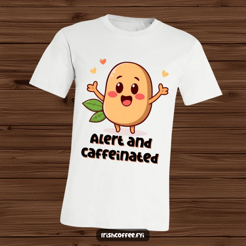 Funny t-shirt featuring an animated coffee bean character popping up with excitement, perfect for energetic individuals.
