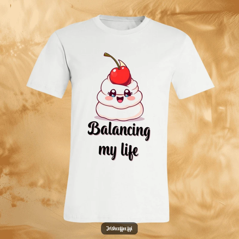 Funny t-shirt graphic of a happy whipped cream dollop with wide eyes, comically attempting to balance a cherry, conveying humorous determination.