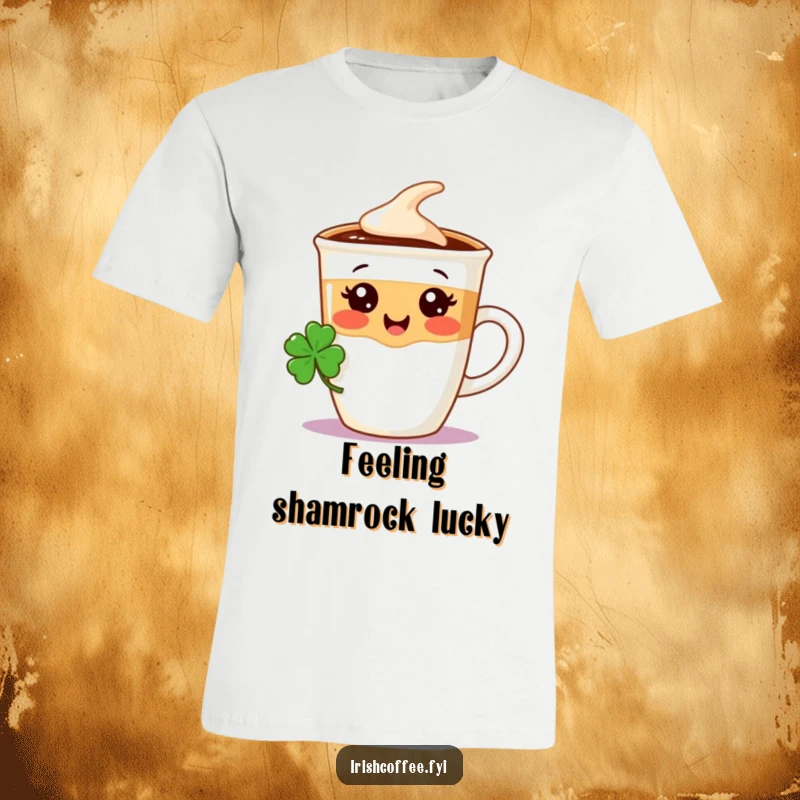 Funny T-shirt depicting a happy coffee cup character adorned with a miniature shamrock, ideal for casual Irish-themed fun.