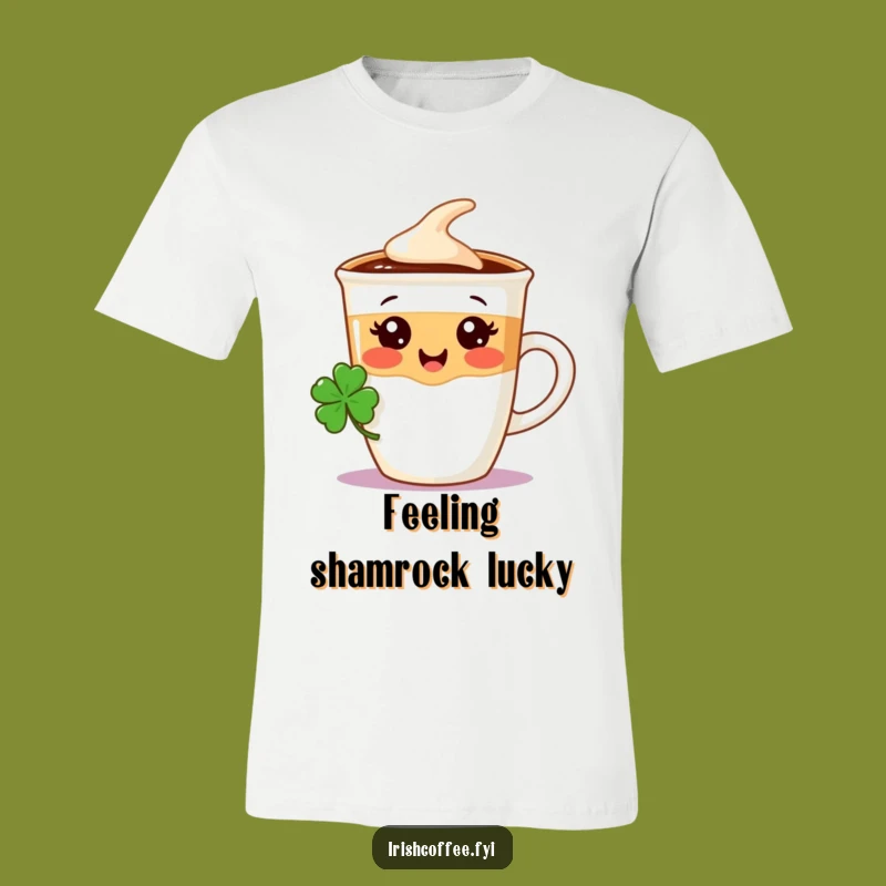 Funny Coffee Cup T-Shirt - Lucky Shamrock Character, Hilarious Irish Tee