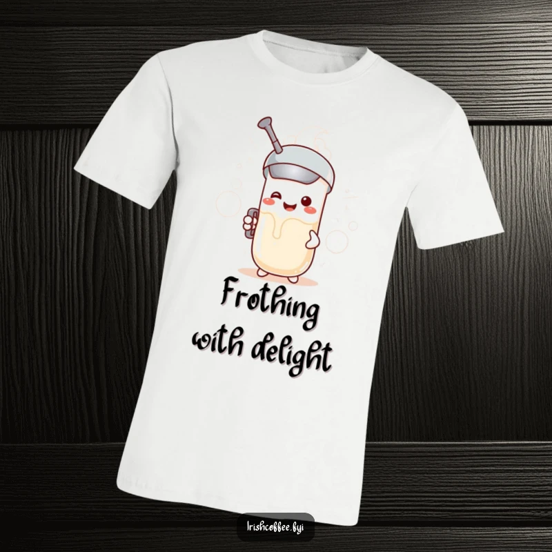 Funny t-shirt featuring a smiling milk frother character creating frothy clouds with pure excitement, a delightful design.