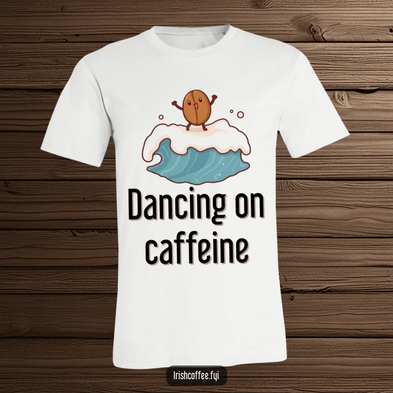 Funny coffee bean t-shirt with a dancing bean on a frothy wave, a playful graphic tee for coffee addicts.