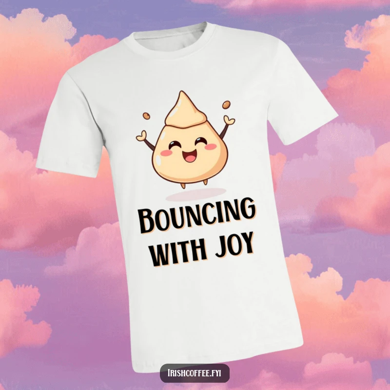 Funny t-shirt featuring a happy coffee liquor dollop bouncing with a joyful expression, full of life.