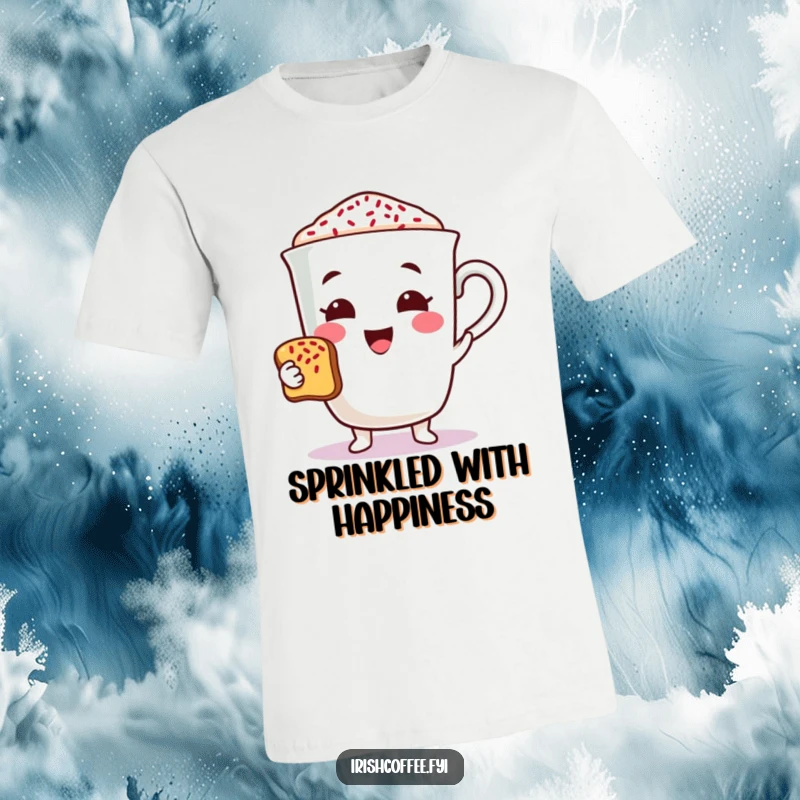 Funny coffee character t-shirt cheerfully offering a toast with sprinkles, ideal for humorous and celebratory apparel.