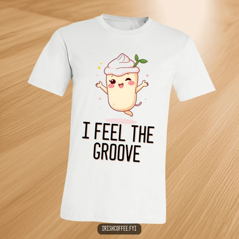 Funny cream liqueur t-shirt with a lively spirit character dancing joyfully, conveying a festive and celebratory mood.