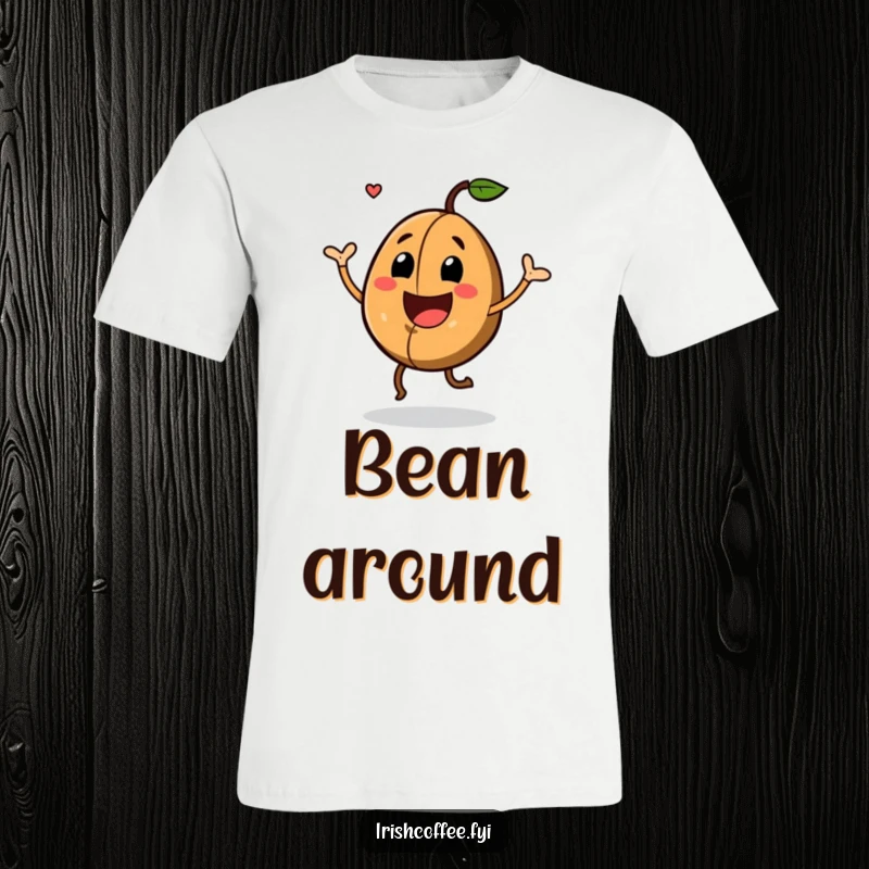 Funny T-Shirt showcasing a joyful coffee bean with a big grin doing a happy dance, celebrating caffeine and good times.