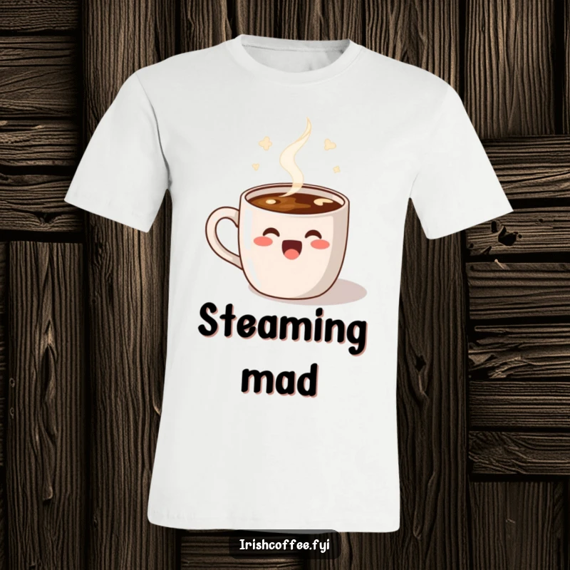 Funny T-Shirt with a delighted coffee mug and its steamy companion doing a happy dance, embodying coffee bliss.