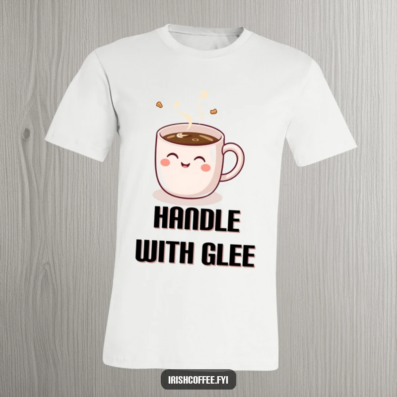 Funny t-shirt graphic of a happy coffee mug with a handle, depicted giggling while being filled, a comical and amusing design.
