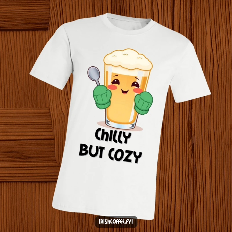 Funny t-shirt with a cheerful Irish coffee glass wearing tiny mittens and holding a spoon, perfect for winter.