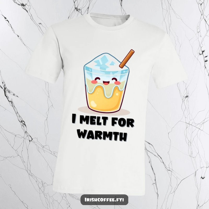 Funny t-shirt showcasing a content melting ice cube enjoying a warm drink, radiating peaceful and chill vibes.