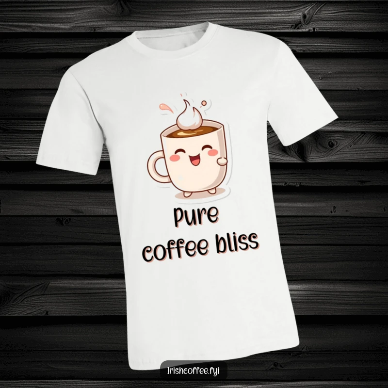 Funny cheerful coffee mug character enjoying a delightful sip of coffee, printed on a comfortable t-shirt.