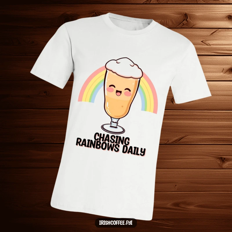 Funny T-Shirt depicting a giggling Irish coffee glass joyfully sliding down a vibrant rainbow, embodying whimsy and good cheer.