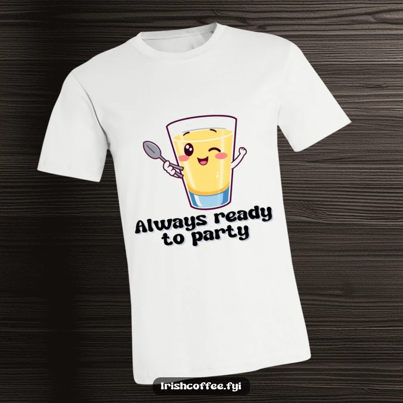 Funny t-shirt design of a giggling shot glass character winking while holding a tiny spoon, expressing playful fun.