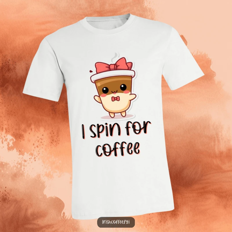 Funny coffee t-shirt with a playful character wearing a bow, spinning excitedly, ideal for coffee lovers who enjoy quirky designs.
