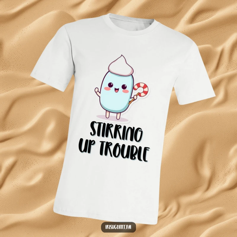 Funny T-shirt depicting a cute stir stick character offering a tiny candy cane, perfect for spreading cheer and sweetness.