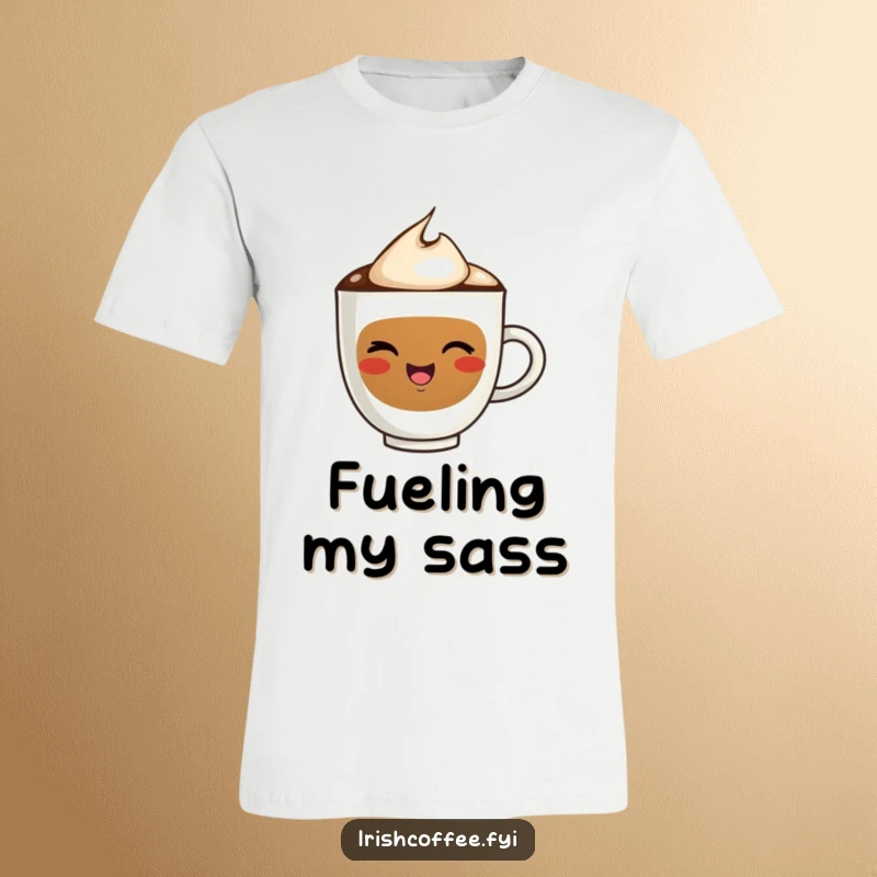 Funny t-shirt print of a cheerful coffee cup with a smiling face winking, expressing joy and a love for caffeine.