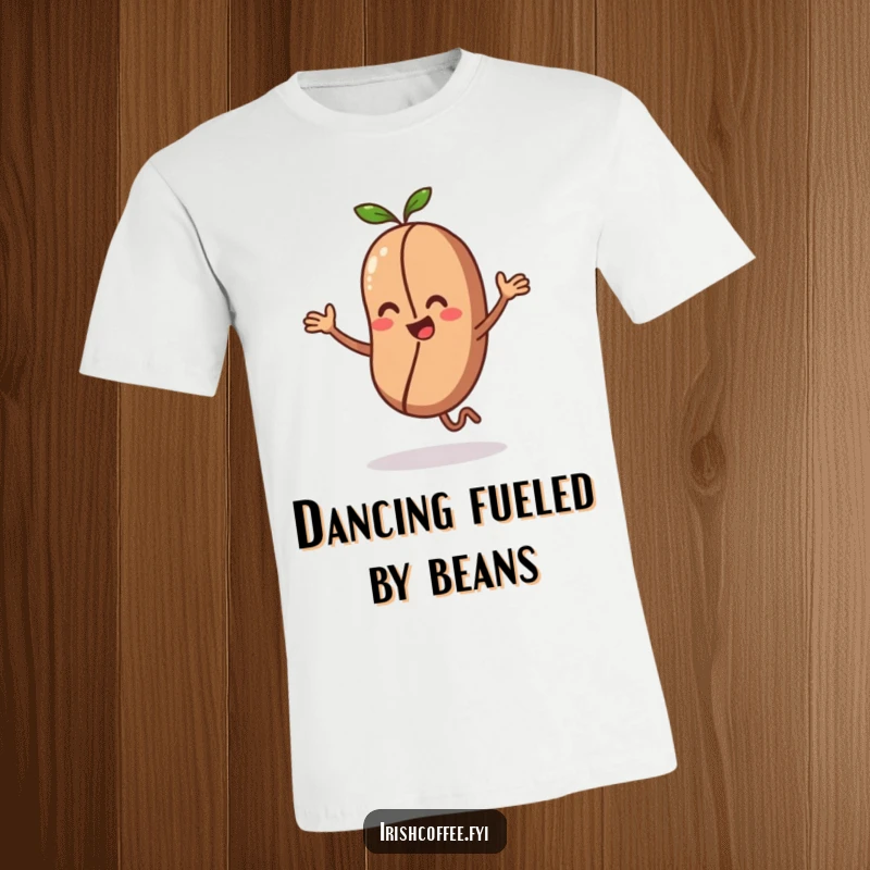 Funny t-shirt featuring a coffee bean character in a tiny, energetic dance, full of joy and movement.