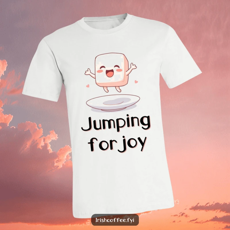 Funny t-shirt featuring a sugar cube character excitedly jumping on a saucer, a joyful and sweet design.