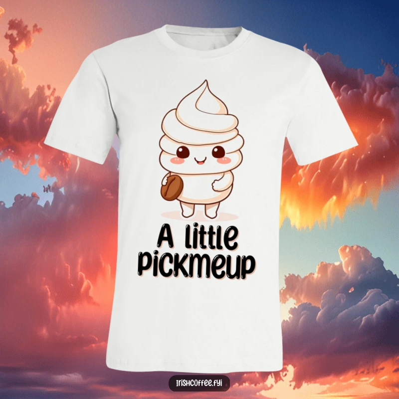 Funny smiling whipped cream character holding a small coffee bean on a t-shirt, exuding sweetness and coffee adoration.