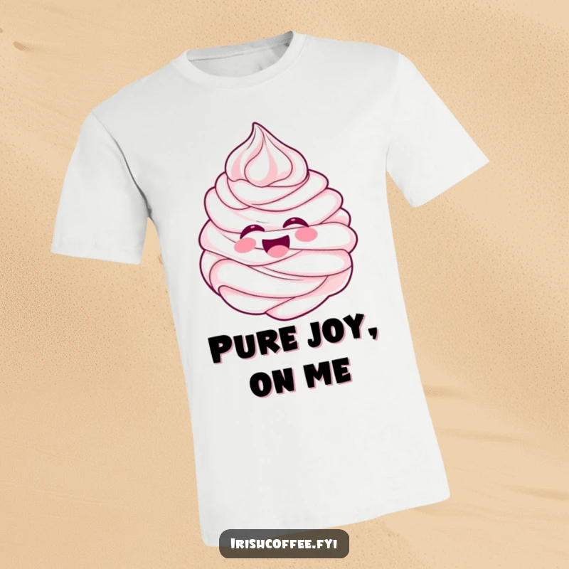 Funny cheerful whipped cream swirl character laughing gleefully on a t-shirt, radiating pure delight and happiness.