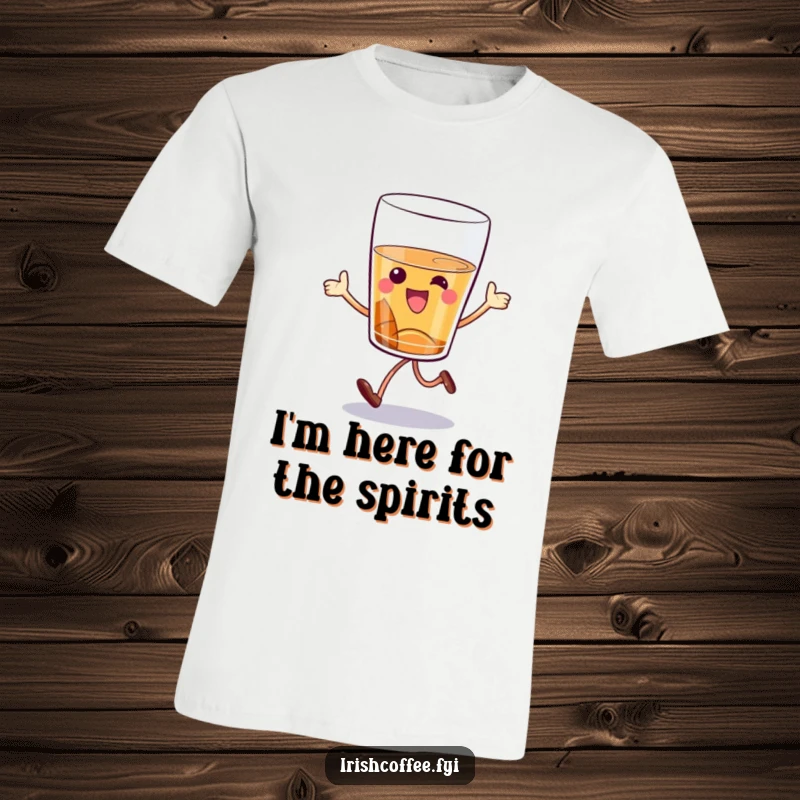 Funny whiskey glass t-shirt featuring a cartoon character mid-hop, radiating joy, ideal for a humorous and spirited apparel gift.