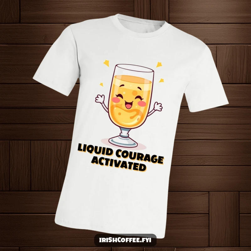 Funny t-shirt with a smiling whiskey glass winking and performing a bubbly toast, highlighting a cheerful and fun personality.