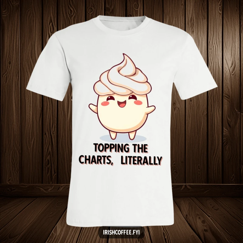Funny t-shirt featuring a happy frothy topping doing a lively wiggle dance, radiating infectious excitement.