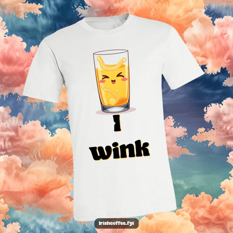 Funny t-shirt featuring a happy whiskey glass with swirling liquid, slyly winking with a cheeky expression.