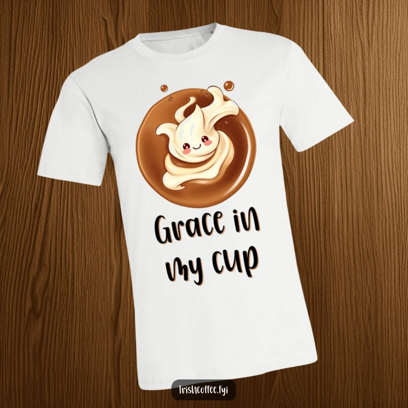 Funny t-shirt featuring a smiling splash of cream playfully twirling in coffee, showcasing a love for elegant coffee moments.
