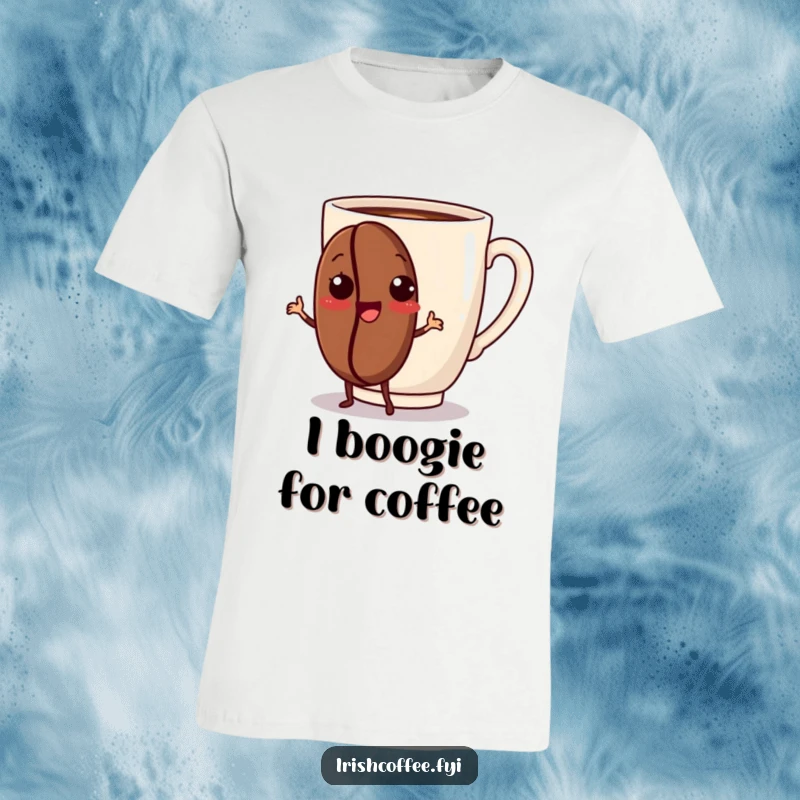 Funny t-shirt featuring a jubilant coffee bean character performing a lively dance move, celebrating the joy of coffee.
