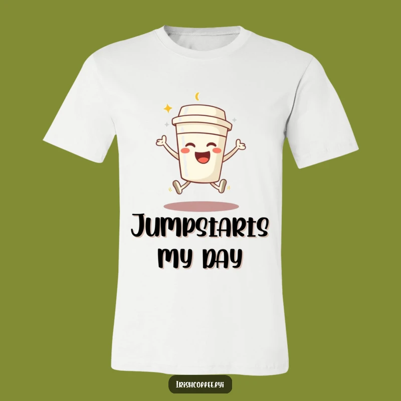 Funny Coffee Jump T-Shirt: Beaming Character, Joyful Leap Tee, Gift