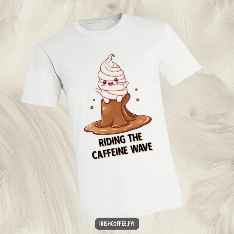 Funny T-shirt showcasing a delighted whipped cream character in motion, sliding gleefully down a coffee stream, a burst of morning energy.