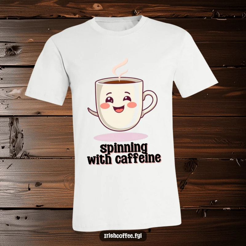 Funny t-shirt with a steamy grinning espresso cup spinning playfully, celebrating energetic coffee moments.