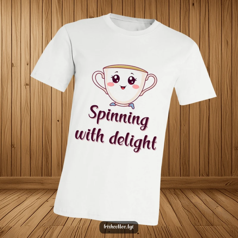 Funny t-shirt graphic of a cheerful teacup with expressive saucy eyes, captured mid-playful pirouette, radiating humorous sass and elegance.