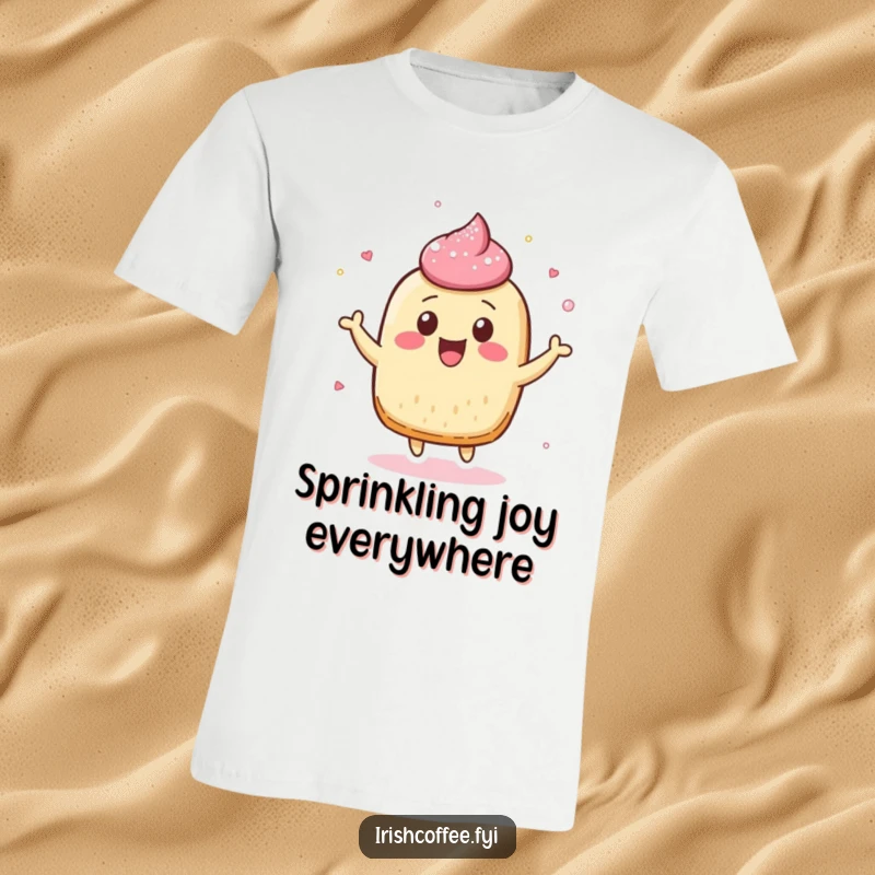 Funny t-shirt illustrating a cheerful pastry character bouncing playfully, with a delightful dusting of sugar flying.