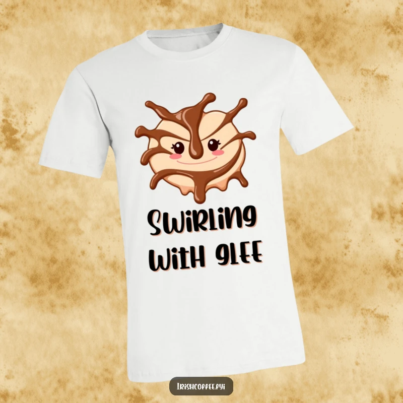 Funny t-shirt featuring a cheerful chocolate sauce drizzle swirling, a sweet and humorous apparel choice.