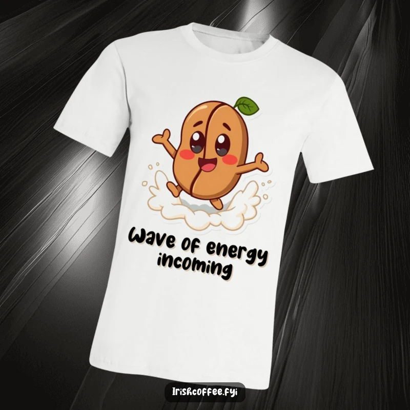 Funny happy coffee bean character with cheerful eyes, joyfully leaping from a frothy wave on a t-shirt, caffeine enthusiast apparel.